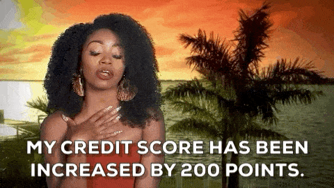 A woman with red shirt holding her chest saying "My credit score has been increased by 200 points."