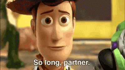 Gif animation with Woody from Toy Story saying So long, partner