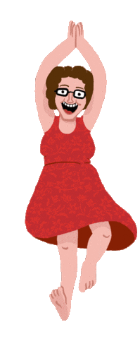 Sticker gif. Brunette woman wearing a red dress dances happily, jumping barefoot as she claps her hands above her head against a transparent background.