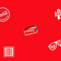 Sponsored gif. A red can of Coca-Cola with the name "Bruna" spins toward the viewer and then spins back out of sight. Coca-Cola logos on bottle caps and sunglasses are in the background.
