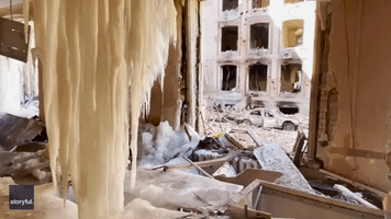 Massive Icicles Hang in Destroyed Kharkiv School Building