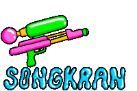 Sticker gif. Illustration of a red and green water gun shoots water out and text underneath reads, 'Songkran,' in blue wavy watery font.