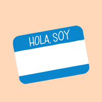 Digital art gif. Blue and white name tag sticker against a peach background. The name tag reads, “Hola, Soy, #MailReady.”