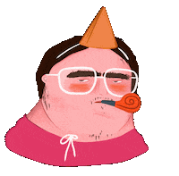 Sticker gif. Man with unibrow wears big white square glasses and an orange party hat. He blows an orange party horn and he looks completely unimpressed.