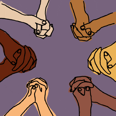 Illustrated gif. Six sets of hands in varying skin tones are folded in prayer in a circle. Text, "pray together."