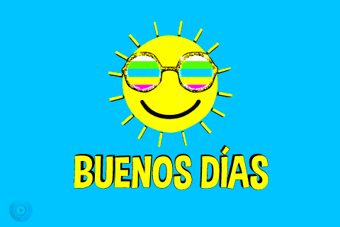 Digital art gif. A yellow sun wearing colorful sunglasses smiles as its rays circle around its face. Yellow text on teal background says "Good morning" in Spanish, "buenos dias."