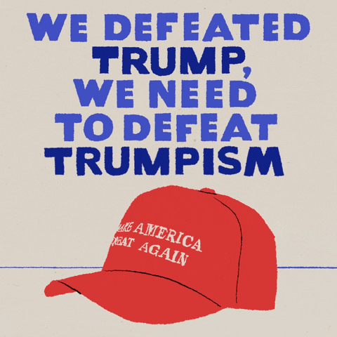 Digital art gif. A black shoe stomps on a Red MAGA hat against a beige background, squishing it. Text, “We defeated Trump, we need to defeat Trumpism.”