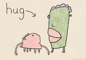 Cartoon gif. A tall cartoon monster scoops up his friend in a hug that lifts him off the ground.