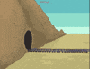 Cartoon gif. A purple train crashes into the opening of a too-small mountain tunnel and gets stuck. It backs up and rams it's way through as the rock face crumbles around it.