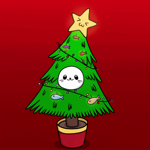 Cartoon gif. Christmas tree in a pot sways back and forth in front of a red background. We see the outline of a happy cat face peeking out from the tree and a star squeezing its eyes shut like it's going to be sick from all the dancing.