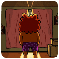 Carton gif. Lam from "Lio and Lam" is standing in their underwear in front of a window. Lam throws open the curtains and a beam of sunlight pours in, causing Lam to cover their eyes from the horrid bright light with a distressed or pained expression on their face.
