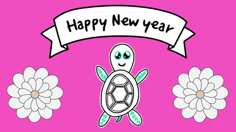 Illustrated gif. Floating turtle smiles and waves its arms as flowers spin on either side. Text, "Happy New Year."