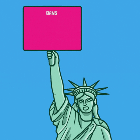 Digital art gif. Illustration of the Statue of Liberty holds a pink sign in place of her torch. The sign reads, "Bans off our bodies," and she appears to be mouthing the phrase. Everything is set against a bright blue background.