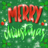 Text gif. Holly and ornaments, sparkles and snow surround the text, "Merry Christmas." Snow blows past as the text lights up with Christmas lights at the end. 