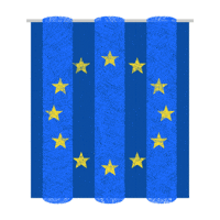 Illustrated gif. Blue curtain with a circle of yellow stars on it opens revealing a woman in a green dress holding a ballot with a checkmark on it.