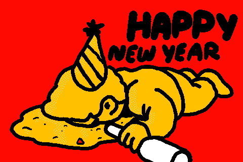 Illustrated gif. A man lays in his vomit and holds a wine bottle and wine cup. He still attempts to take a sip of his wine. Text, "Happy New Year!"