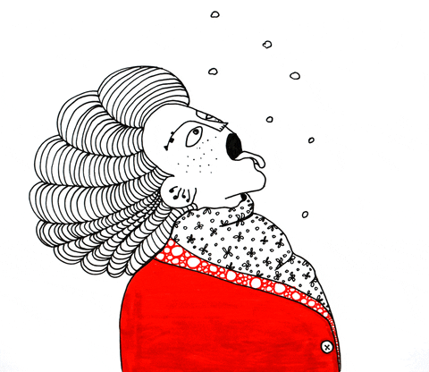Illustrated gif. A woman wearing a red cardigan leans her head back and sticks her tongue out to catch snowflakes.
