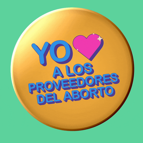 Digital art gif. Gold circle rocks back and forth in front of a mint green background. Text, “Yo encanta a los proveedores del aborto.”