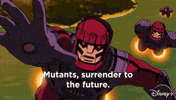 TV gif. A scene from the animated TV show "X-Men 97" shows an army of Sentinels flying toward us from a lush green island in the background. A Sentinel reaches toward us with its right hand and shoots red bursts of energy as it says "Mutants, surrender to the future."  