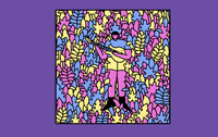Digital art gif. A cartoon man plays a guitar amongst colorful flowers.