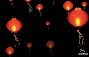 Digital art gif. Bunch of glowing red Chinese lanterns with tassels float up the air.