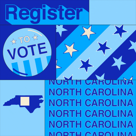 Digital art gif. Collage of blue-toned boxes features the shape of North Carolina with a box being checked, several colorful stripes filled with stars, and a “Vote” button that dances back and forth. Text, “Register to vote North Carolina.”