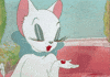 Cartoon gif. A vintage cartoon white cat with long, soft eyelashes closes her eyes and puckers her red lips. She has her hand up to her face as she holds a small red lipstick stain in her palm. She blows lipstick stain away and it flies away in the wind. She literally blew someone a kiss.