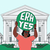 Text gif. Confident woman in aviator sunglasses stands in front of The Marble Palace, pumping an oversized vintage "ERA Yes" button.