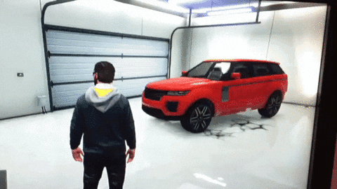 Video game gif. Man stands in a garage watching a red SUV as it bounces erratically, cracking the cement beneath it.