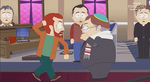South Park. Older versions of Kyle Broflovski and Eric Cartman get into a fistfight, punching and yelling at each other while bystanders watch with fearful gazes.