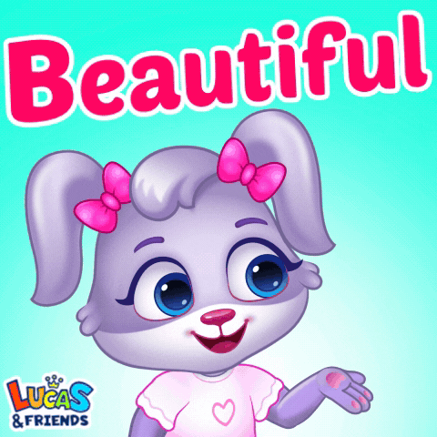 Cartoon gif. Ruby, a purple bunny with pink bows from Lucas and Friends, smiles and blows a kiss. Hearts come out of her mouth. Text reads, "Beautiful."