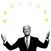 Photo gif. Black and white photo of President Biden smiling and holding his arms out over a transparent background. Below eight gold stars reads the message, “Cut greenhouse gasses by 40% by 2030.”