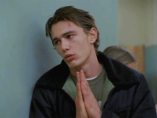 TV gif. James Franco as Daniel on Freaks and Geeks leans against a wall with hands together in prayer, saying "please" sarcastically.