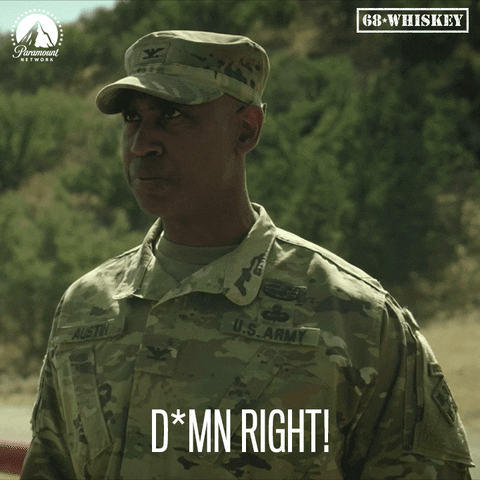 TV gif. Lamont Thompson as Colonel Harlan Austin on 68 Whiskey has a stern look expression on his face as he says, “Damn right!”