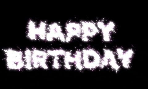 Text gif. The words "Happy Birthday" appear like sparklers against a black background. 
