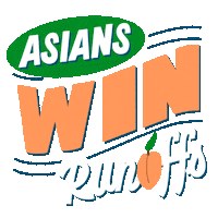 Text gif. Graphic text stylized like a vintage fruit crate reads "Asians win runoffs," a peach in place of the O.