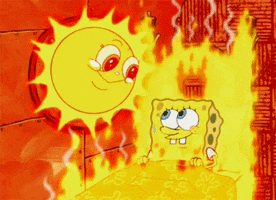 SpongeBob gif. A cute, smiling sun has entered through SpongeBob's window. SpongeBob smiles back from his bed, oblivious to the sun's heat setting the entire bed on fire.