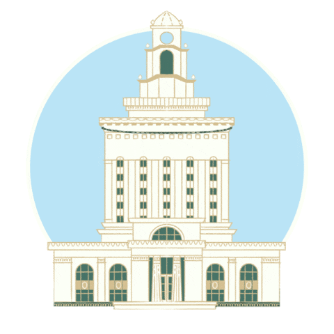 Digital art gif. Illustration of a large banner unfurling from the top of Oakland City Hall. The banner says, "By the people of Oakland, for the people of Oakland," in large capital letters.