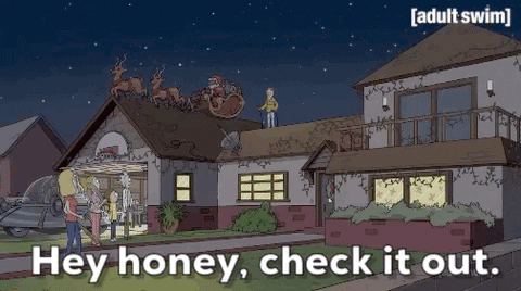 TV gif. Rick and Morty stand in front of an elaborately decorated home with two women watching a man on the roof who lights up the Christmas display as he says, “Hey honey, check it out.”