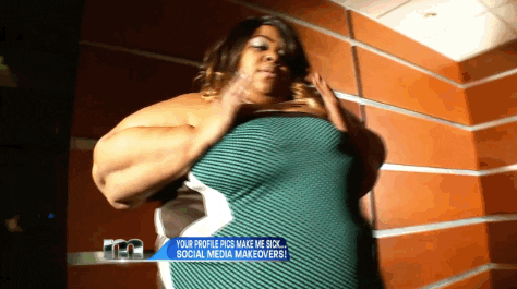 TV gif. A woman on the Maury Show rotates her hips and rubs her hands over the curves of her body to show off her fat body. She looks at us with confidence and pride in her body. 