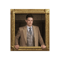 Sponsored sticker gif. Gold-framed portrait of Traitors cast member Wells Adams pulses forward and back.