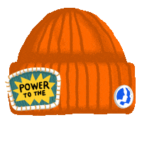 Digital art gif. Orange beanie with the Women’s March logo against a transparent background. A patch on the beanie says, “Power to the” and is paired with a patch that says, “People,” which is covered by a patch that says, “Ballot Box,” which is then covered by a patch that says, “Climate.”