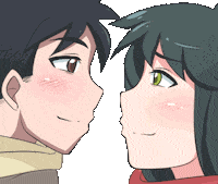 Anime gif. Smiling woman leans in to kiss a man as she lifts a large orange leaf up to give them privacy. Zooming out, we see that they are lying in a pile of autumn leaves.
