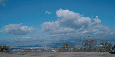 Movie gif. Fifties-style blue car drives slowly and parks in front of a mountain background in the movie A Glimpse Inside the Mind of Charles Swan III. There are two sunny-side up egg decals on the side of the car.