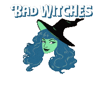 Digital art gif. Pretty witch with smokey blue hair winks, elegant sign-writing font appears. Text, "Bad witches, go to witches-march-dot-com, to get out the vote."