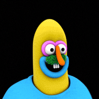 Stop motion gif. A humanoid character with clay features drops his jaw in shock as his head explodes, shattering into many pieces.