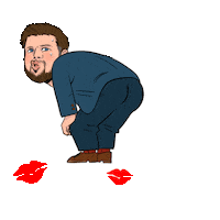 Illustrated gif. Caricature of Senator J.D. Vance bent over, butt in the air lips puckered and sweating, getting kicked in the pants, in front of a graphic of Ohio, surrounded by lip marks. Text, "Ohio needs a senator who is an ass-kicker, not an ass-kisser!"