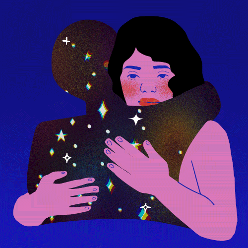 Illustrated gif. A woman blinking and hugging a figure who appears to be made out of the cosmos and stars.