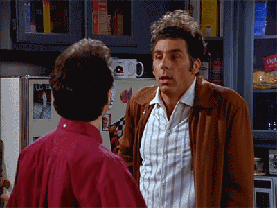 Seinfeld gif. In Jerry's kitchen (where else?) Michael Richards as Kramer speaks to Jerry with the usual jittery enthusiasm and a thumbs up. Text, "A long, drawn-out 'giddy-up!'"