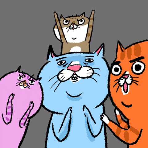 Digital art gif. Four cats, one pink, one blue, one orange, and one brown, clap at us with funny faces. The blue one in the middle has small eyes and opens his mouth open and closed like he’s chomping. The pink cat flicks her ears and furrows her thin eyebrows mischievously. The orange cat has an open mouth, big eyes, and thick eyebrows. The brown cat is behind the blue cat, standing behind his head. The brown can has a determined expression and does big claps. . 